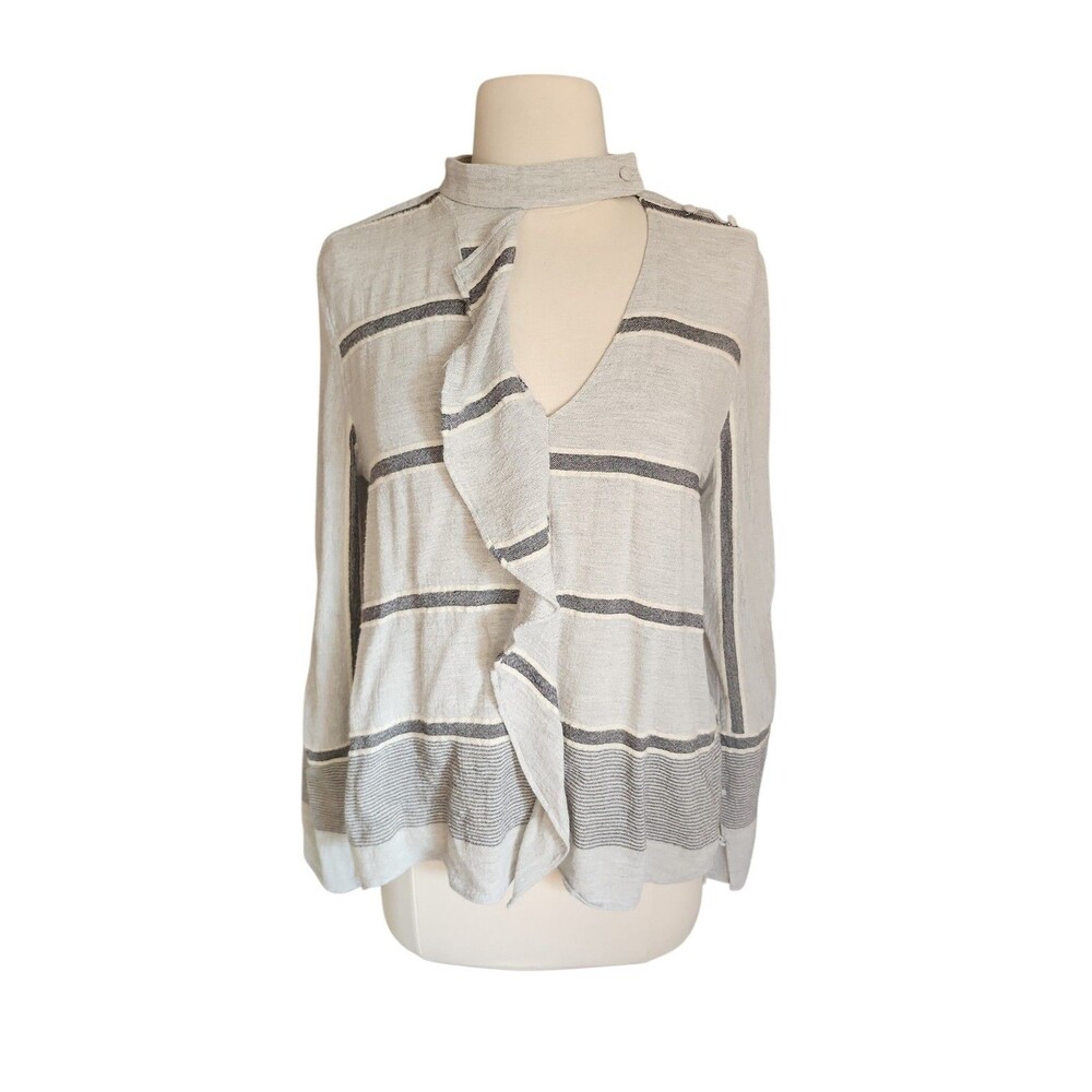 Derek Lam 10 Crosby Striped Flannel Ruffle Blouse Womens 8 Gray Wool Blend